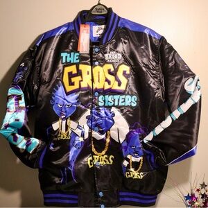 The Gross Sisters Black and Blue Satin Varsity Jacket